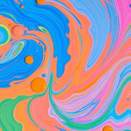 A vibrant and colorful abstract swirl of paint, featuring shades of blue, orange, pink, and green