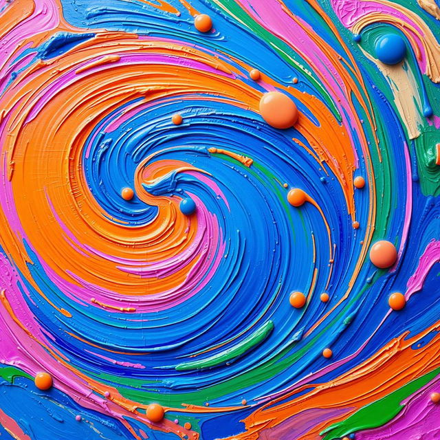 A vibrant and colorful abstract swirl of paint, featuring shades of blue, orange, pink, and green