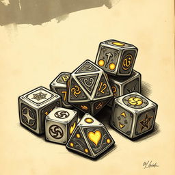 A detailed sketch of a cursed dice set, featuring intricately designed dice with ominous symbols and eerie glow effects