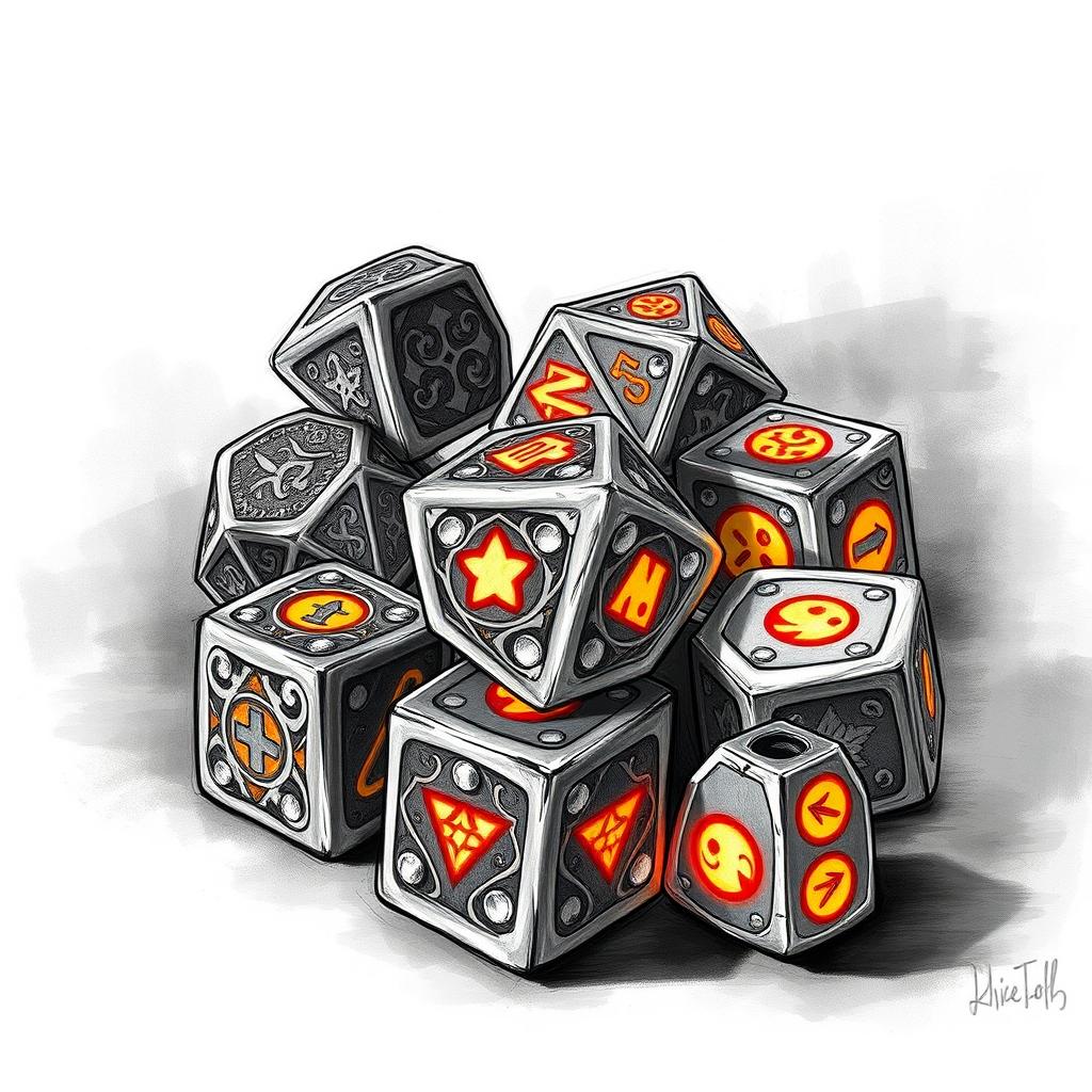 A detailed sketch of a cursed dice set, featuring intricately designed dice with ominous symbols and eerie glow effects