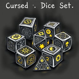 A detailed sketch of a cursed dice set, featuring intricately designed dice with ominous symbols and eerie glow effects