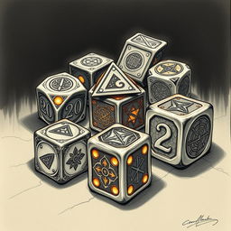 A detailed sketch of a cursed dice set, featuring intricately designed dice with ominous symbols and eerie glow effects
