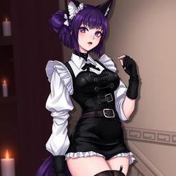 A seductive gothic kitsune anime girl maid, featuring shoulder-length purple hair styled in an elegant bun