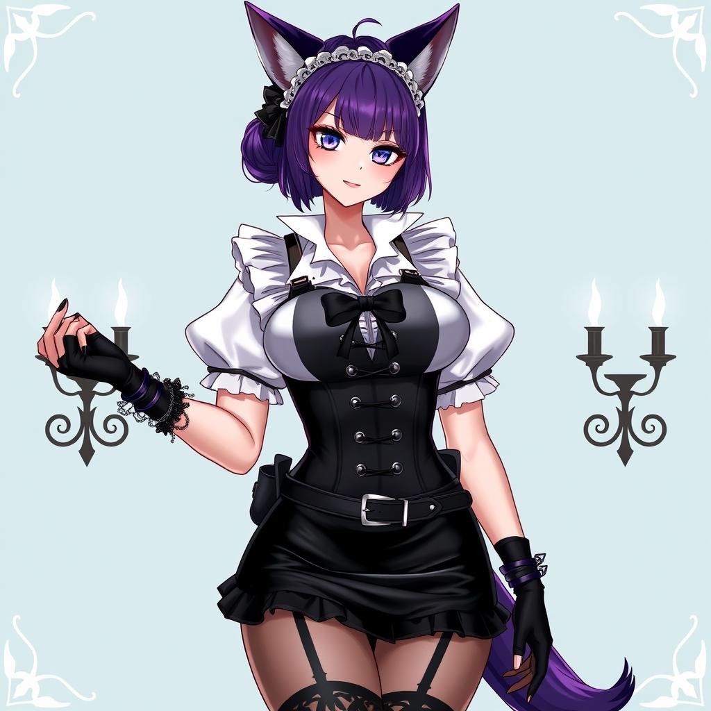 A seductive gothic kitsune anime girl maid, featuring shoulder-length purple hair styled in an elegant bun