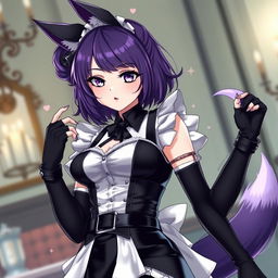A seductive gothic kitsune anime girl maid, featuring shoulder-length purple hair styled in an elegant bun