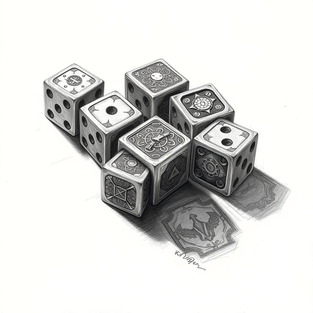 A detailed pencil sketch of a cursed dice set, featuring six intricately designed dice with eerie patterns and shadows casting ominous reflections on the surface below