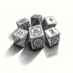 A detailed pencil sketch of a cursed dice set, featuring six intricately designed dice with eerie patterns and shadows casting ominous reflections on the surface below