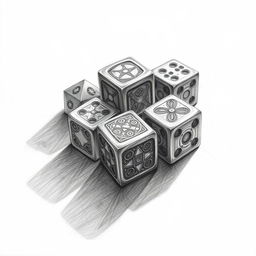 A detailed pencil sketch of a cursed dice set, featuring six intricately designed dice with eerie patterns and shadows casting ominous reflections on the surface below