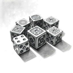 A detailed pencil sketch of a cursed dice set, featuring six intricately designed dice with eerie patterns and shadows casting ominous reflections on the surface below