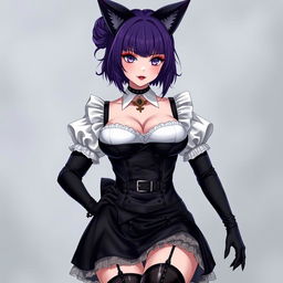 A seductive gothic kitsune anime girl maid, showcasing shoulder-length purple hair elegantly styled in a bun