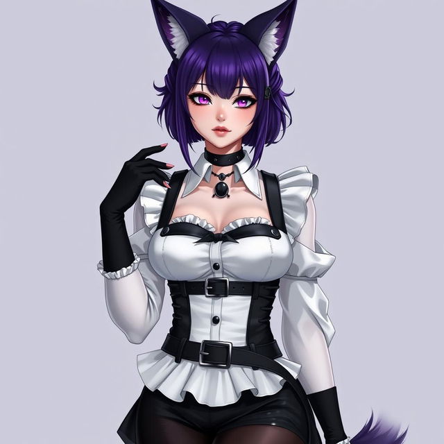 A seductive gothic kitsune anime girl maid, showcasing shoulder-length purple hair elegantly styled in a bun