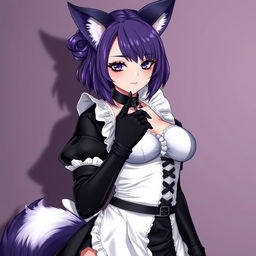 A seductive gothic kitsune anime girl maid, showcasing shoulder-length purple hair elegantly styled in a bun