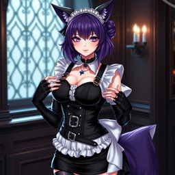 A seductive gothic kitsune anime girl maid, showcasing shoulder-length purple hair elegantly styled in a bun