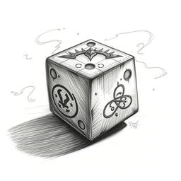 A detailed pencil sketch of a cursed die, featuring intricate designs and symbols that suggest ominous power