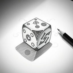 A detailed pencil sketch of a cursed die, featuring intricate designs and symbols that suggest ominous power