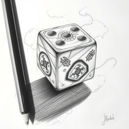 A detailed pencil sketch of a cursed die, featuring intricate designs and symbols that suggest ominous power