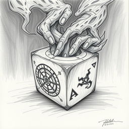 A detailed pencil sketch of a cursed dice, showcasing intricate patterns and symbols etched onto its surfaces