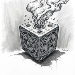A detailed pencil sketch of a cursed dice, showcasing intricate patterns and symbols etched onto its surfaces