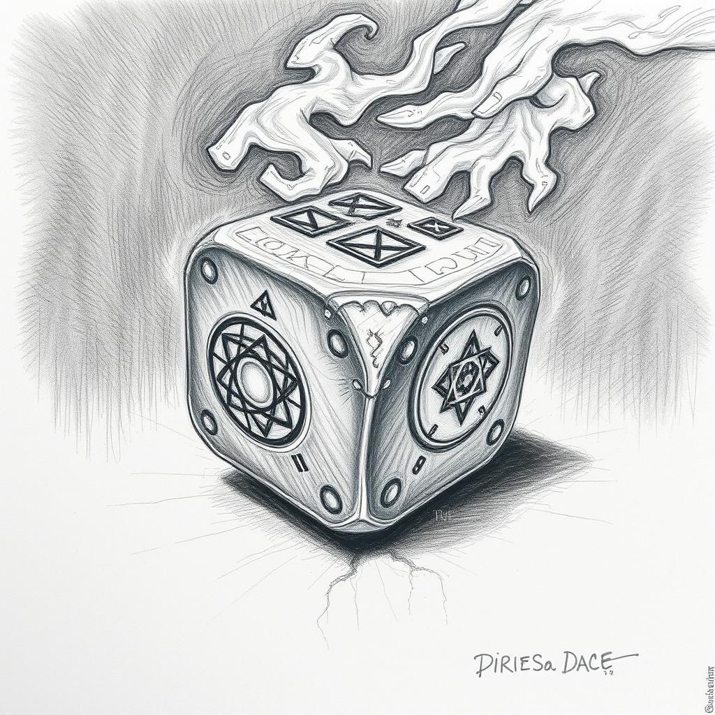 A detailed pencil sketch of a cursed dice, showcasing intricate patterns and symbols etched onto its surfaces