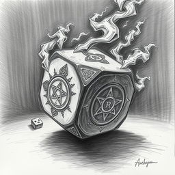 A detailed pencil sketch of a cursed dice, showcasing intricate patterns and symbols etched onto its surfaces