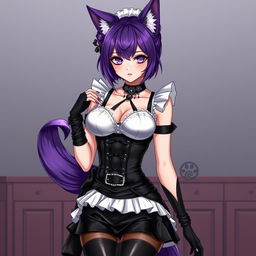 A sexy gothic kitsune anime girl maid, showcasing shoulder-length purple hair styled in a bun