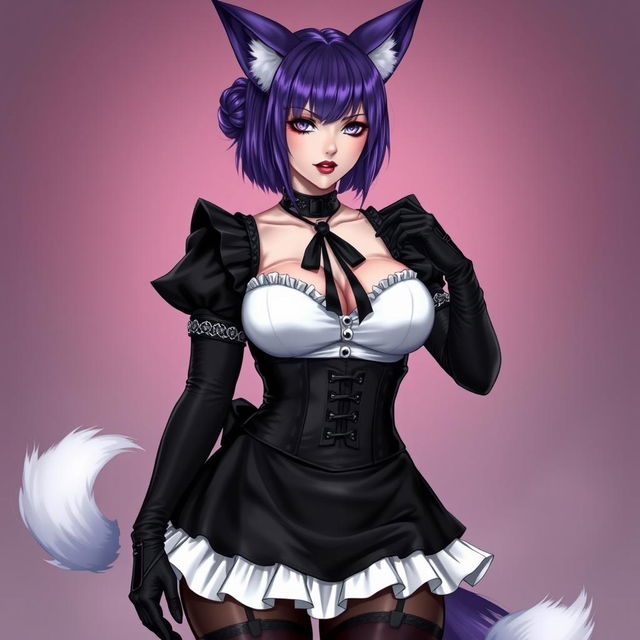 A sexy gothic kitsune anime girl maid, showcasing shoulder-length purple hair styled in a bun