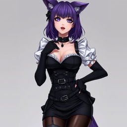A sexy gothic kitsune anime girl maid, showcasing shoulder-length purple hair styled in a bun