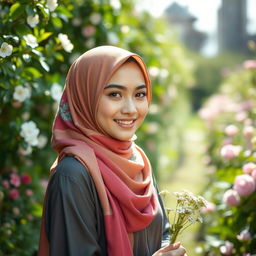 A young woman wearing a beautiful colorful hijab, with sparkles in her eyes and a gentle smile, standing in a lush green garden filled with blooming flowers