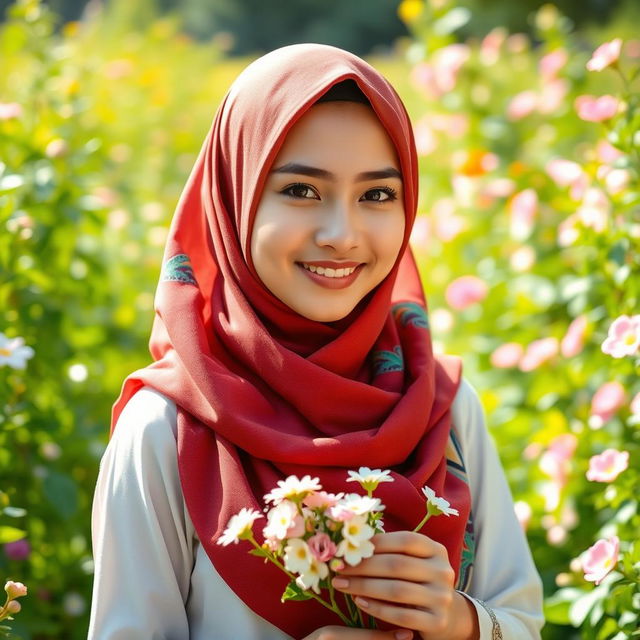 A young woman wearing a beautiful colorful hijab, with sparkles in her eyes and a gentle smile, standing in a lush green garden filled with blooming flowers