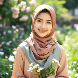 A young woman wearing a beautiful colorful hijab, with sparkles in her eyes and a gentle smile, standing in a lush green garden filled with blooming flowers