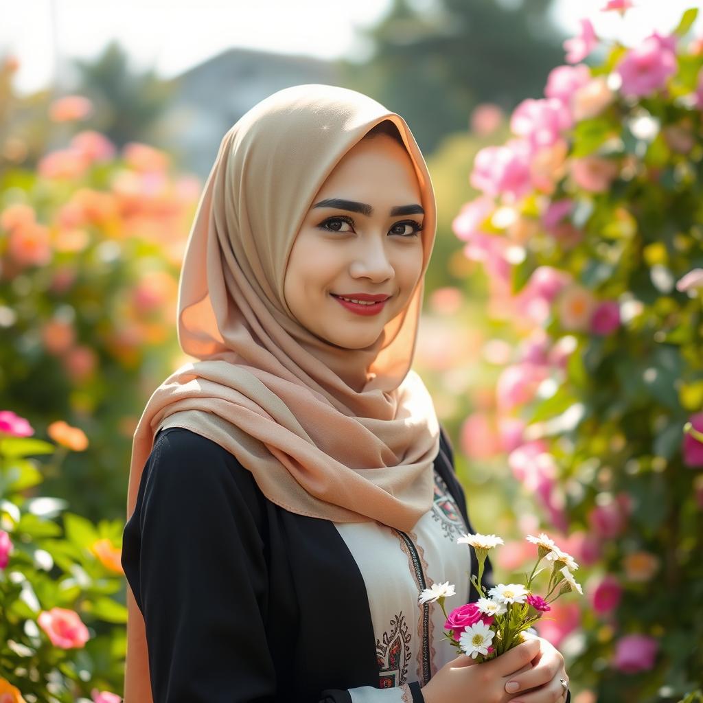 A young woman wearing a beautiful colorful hijab, with sparkles in her eyes and a gentle smile, standing in a lush green garden filled with blooming flowers