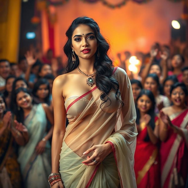 A captivating scene featuring a confident Indian woman dressed in a transparent strapless saree that beautifully showcases her figure, accentuating her big cleavage and sexy deep navel