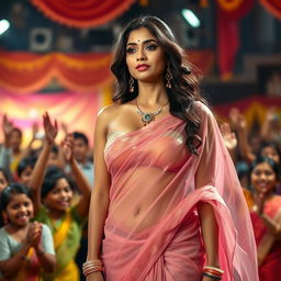 A captivating scene featuring a confident Indian woman dressed in a transparent strapless saree that beautifully showcases her figure, accentuating her big cleavage and sexy deep navel