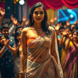 A captivating scene featuring a confident Indian woman dressed in a transparent strapless saree that beautifully showcases her figure, accentuating her big cleavage and sexy deep navel