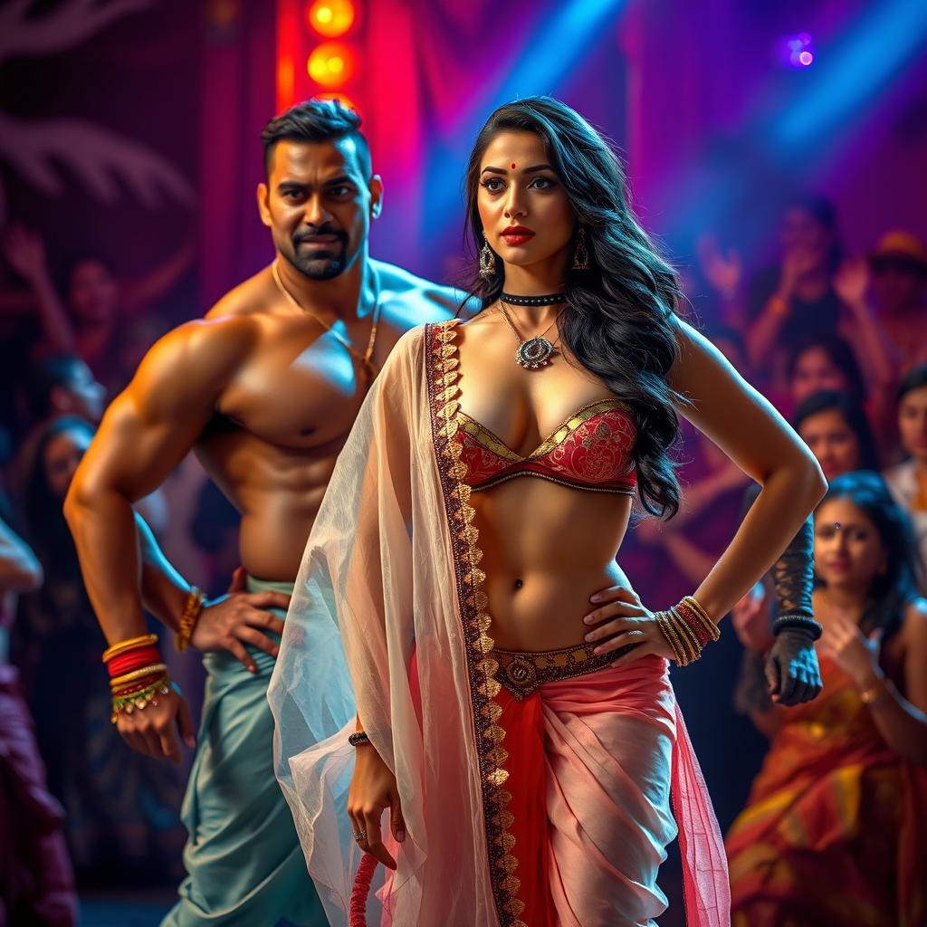 A visually striking image featuring a confident Indian woman wearing a transparent strapless saree that highlights her big cleavage and sexy deep navel