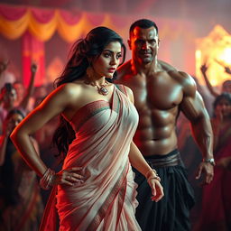 A visually striking image featuring a confident Indian woman wearing a transparent strapless saree that highlights her big cleavage and sexy deep navel