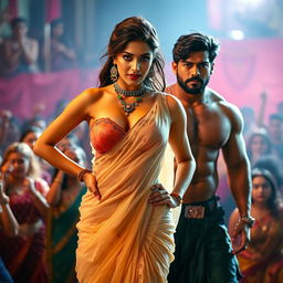 A visually striking image featuring a confident Indian woman wearing a transparent strapless saree that highlights her big cleavage and sexy deep navel