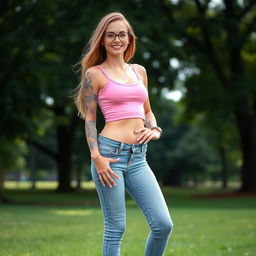 A full-length portrait of a 32-year-old woman with light brown long hair