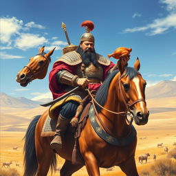 A powerful and majestic portrait of Genghis Khan, the great Mongol emperor, seated proudly on a magnificent horse