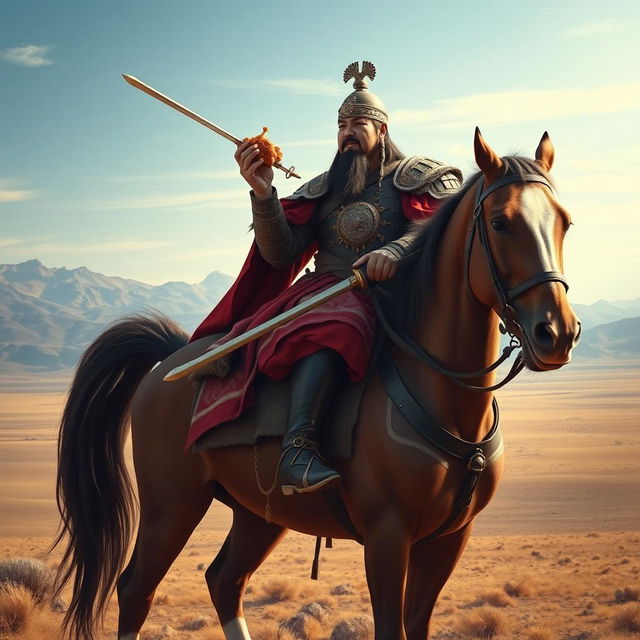 A powerful and majestic portrait of Genghis Khan, the great Mongol emperor, seated proudly on a magnificent horse