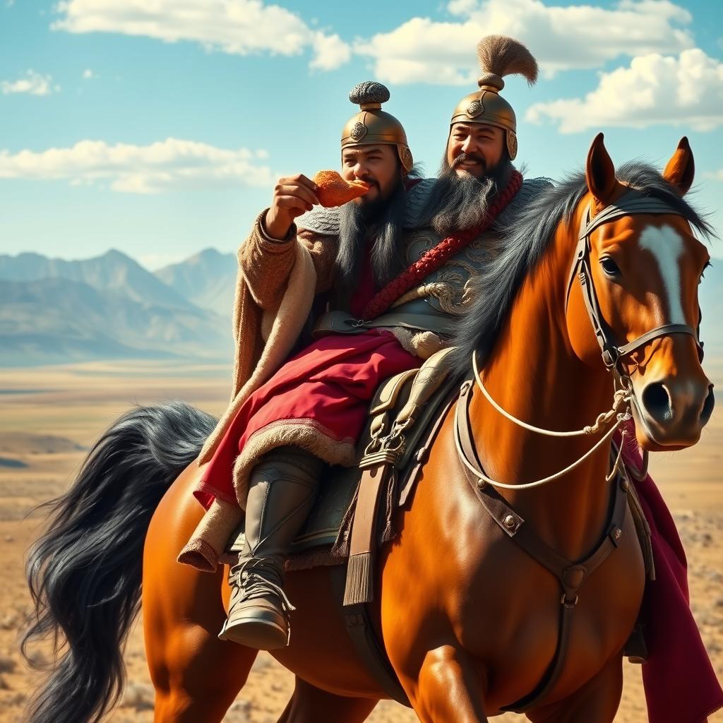 A powerful and majestic portrait of Genghis Khan, the great Mongol emperor, seated proudly on a magnificent horse