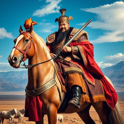 A powerful and majestic portrait of Genghis Khan, the great Mongol emperor, seated proudly on a magnificent horse