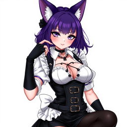 A sexy gothic kitsune anime girl maid, showcasing shoulder-length purple hair styled in a neat bun