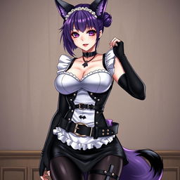 A sexy gothic kitsune anime girl maid, showcasing shoulder-length purple hair styled in a neat bun