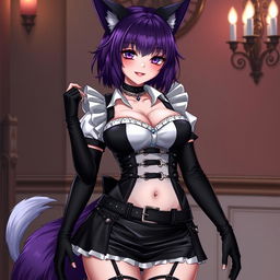 A sexy gothic kitsune anime girl maid, showcasing shoulder-length purple hair styled in a neat bun