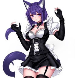 A sexy gothic kitsune anime girl maid, showcasing shoulder-length purple hair styled in a neat bun