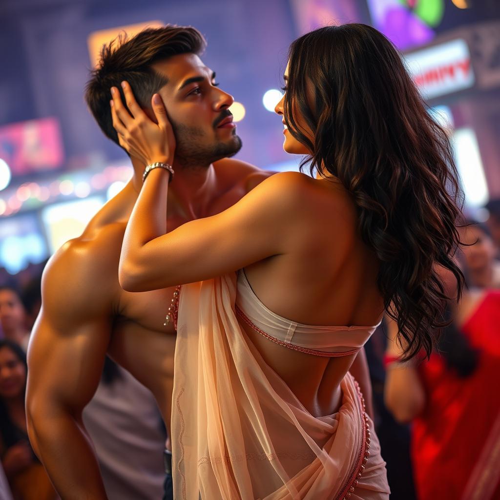 A seductive scene featuring a sexy Indian girl wearing a transparent strapless saree bikini that reveals her big cleavage and deep navel