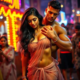A seductive scene featuring a sexy Indian girl wearing a transparent strapless saree bikini that reveals her big cleavage and deep navel