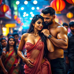A seductive scene featuring a sexy Indian girl wearing a transparent strapless saree bikini that reveals her big cleavage and deep navel
