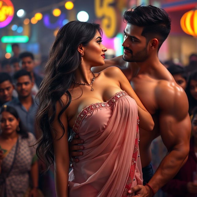 A seductive scene featuring a sexy Indian girl wearing a transparent strapless saree bikini that reveals her big cleavage and deep navel